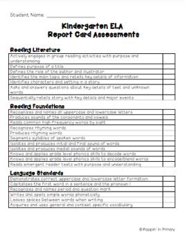 Kindergarten Report Card Assessment Checklist by Maggie Niederhelman