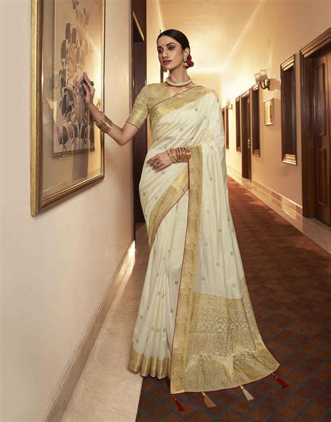 Indian Designer Off White Silk Saree With Jacquard Woven And Etsy