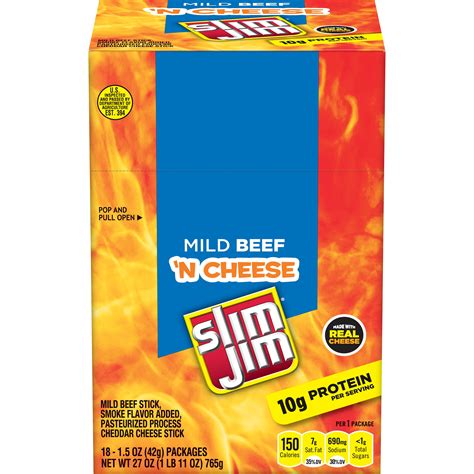 Slim Jim Beef And Cheese Stick Mild Flavor Meat Stick 15 Oz 18 Ct