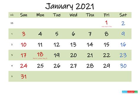 Free Printable January 2021 Calendar With Holidays