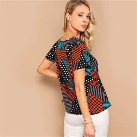 Geometric And Polka Dot Print Women Tops And Blouses Lady Summer Multi