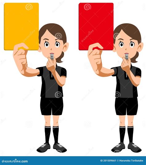 Soccer Referee Woman Showing Red And Yellow Cards Stock Illustration
