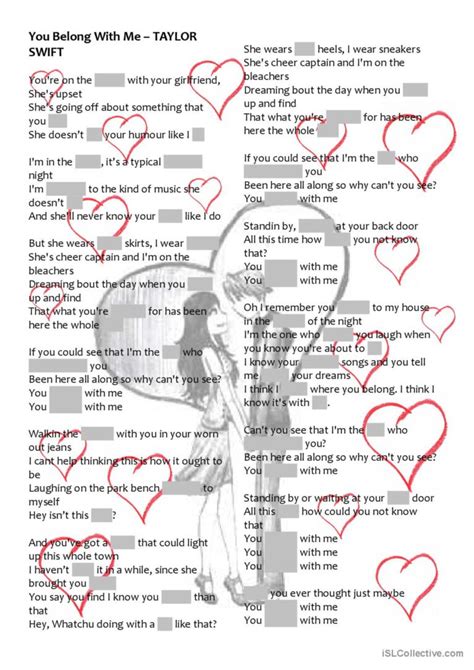 You Belong With Me Taylor Swift Son English Esl Worksheets Pdf And Doc
