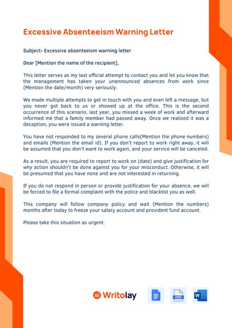 Excessive Absenteeism Warning Letter 4 Templates Free Writolay