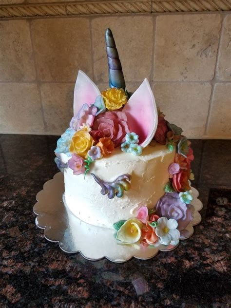 Buttercream Unicorn Cake With Airbrushed Modeling Chocolate Flowers Ears And Horn Chocolate