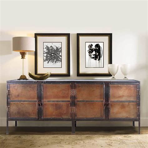 Sideboards are cabinets with shelves and drawers used to store serving utensils, dinnerware and table linens. Industrial Black and Brown Iron 4 Door Large Sideboard Cabinet