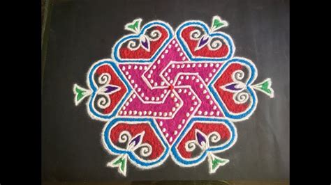 Easy Rangoli Design With Beautiful Colours And Dots 11x6 For Beginners