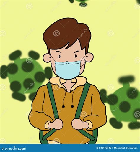 Cartoon Boy Wearing Masks Going To School Stock Illustration