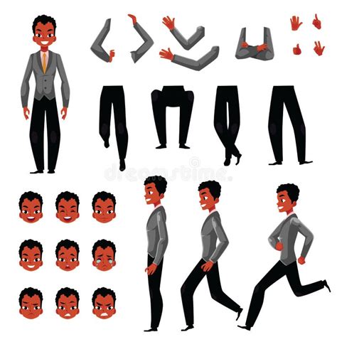 Black African American Man Character Creation Set Different Gestures