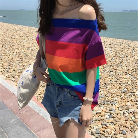 Kymakutu Slash Neck Strapless Rainbow Striped T Shirts Women 2018