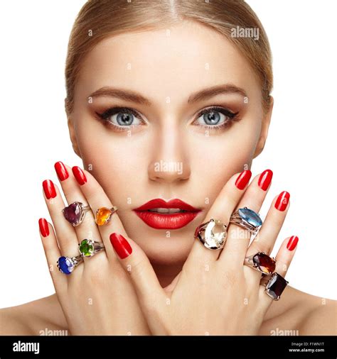 Portrait Of Beautiful Woman With Jewelry Manicure And Makeup Perfect Skin Fashion Beauty