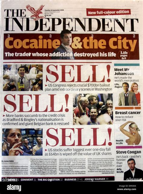 front page of the independent newspaper 30th september 2008 lead story is the collapse of