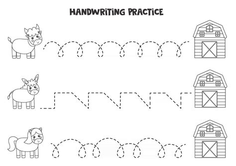 Tracing Lines With Black And White Cute Farm Animals Writing Practice