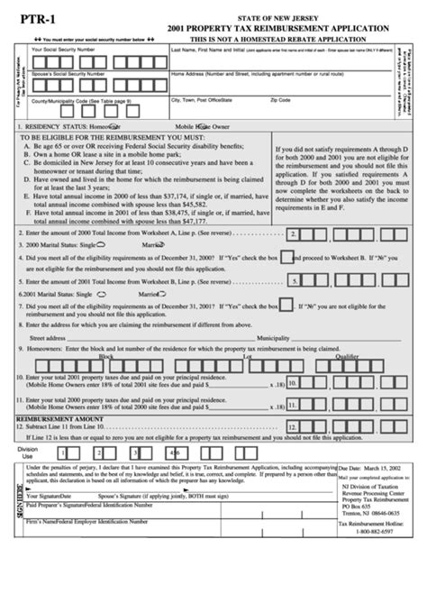 Fillable Form Ptr 1 Property Tax Reimbursement Application 2001