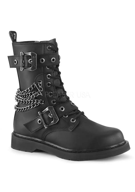 chained bolt mens black combat mid calf boot vegan leather combat boots