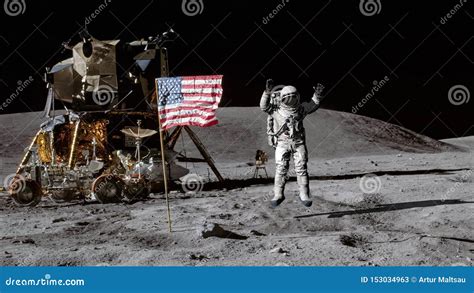 Representaci N D El Astronauta Que Salta En La Luna Y Que Saluda La