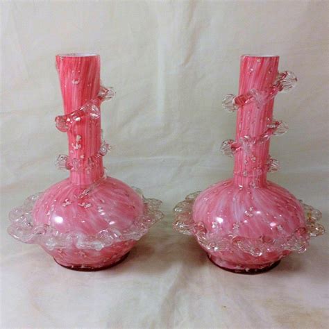 Antique Pair Pink Spangled Art Glass Vases Clear Glass Applied Flowers