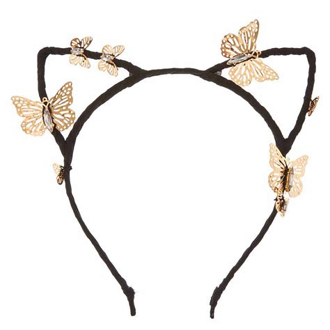 Black Cat Ears With Gold Butterflies Headband Claires Us