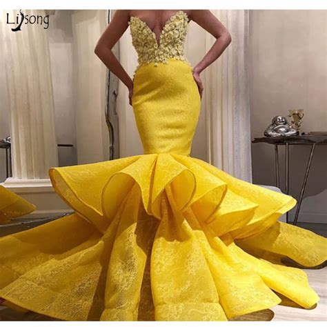 2019 Lemon Yellow Lace Mermaid Prom Dresses 3d Flower Sexy Long Prom