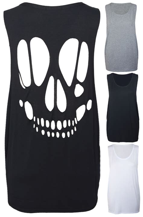 New Womens Cut Out Open Back Skull Ladies Sleeveless T