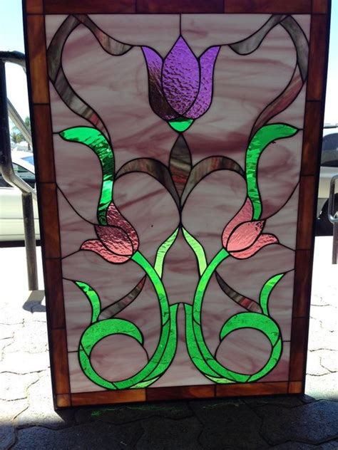 Pastel English Style Tulips Stained Glass Window Panel Artglass Leaded Tiffany Decorativ
