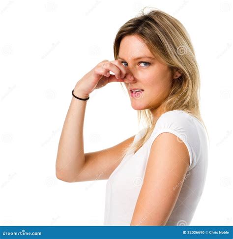 Blonde Woman Pinching Her Nose Stock Photo Image Of Young Nose 22036690