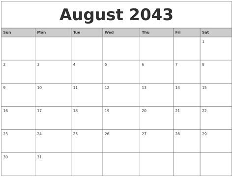 August 2043 Monthly Calendar Printable