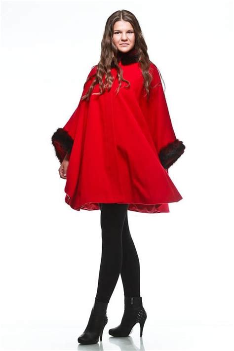 Red Womens Cape Coat With Faux Fur Cuffs And Neck Wool Etsy Red