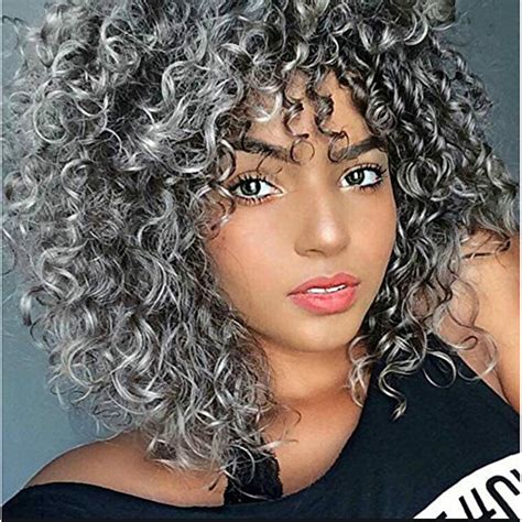 Synthetic Wig Afro Curly Layered Haircut Wig Medium Length Grey