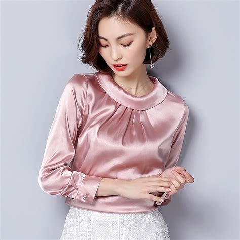 2018 Spring 9 Colors Long Sleeve O Neck Rinkles Satin Blouses Women Glossy Satin Shirts Women