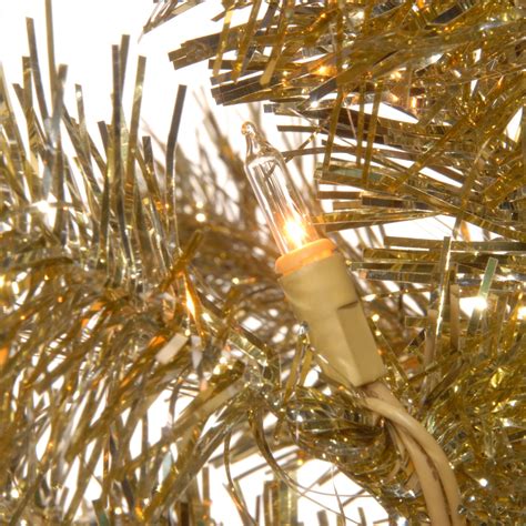 4 Pre Lit Slim Champagne Gold Tinsel Artificial Christmas Tree Clear
