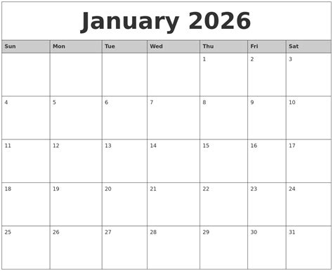January 2026 Monthly Calendar Printable