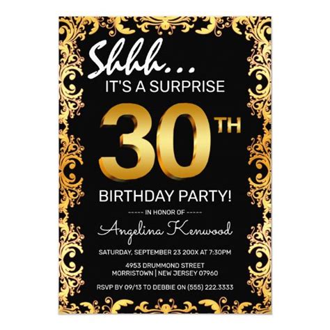 Stylish Black And Gold 30th Surprise Birthday Party Invitation