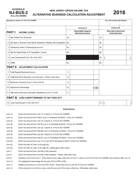 Fillable Form Nj 1040nr Alternative Business Calculation Adjustment