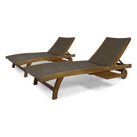 Banzai Outdoor Wicker And Wood Chaise Lounge With Pull Out Tray Set Of