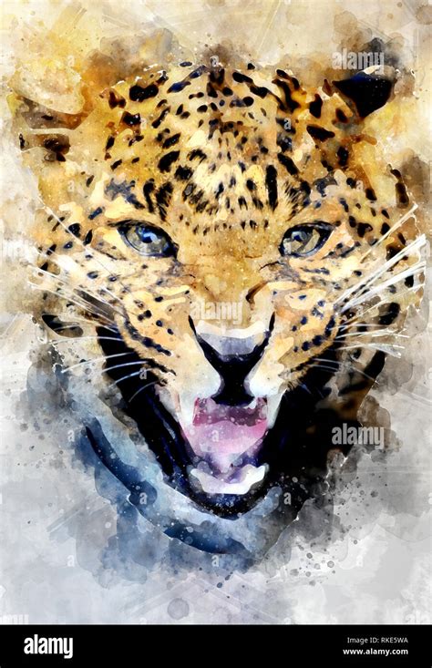 Watercolor Illustration Leopard Portrait Beautiful Wildlife World