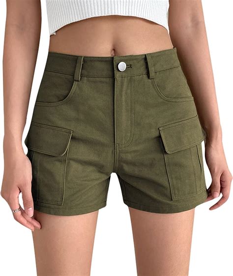 Womens Casual Cargo Shorts Solid Color High Waist Straight Leg Summer Denim Shorts With Pockets