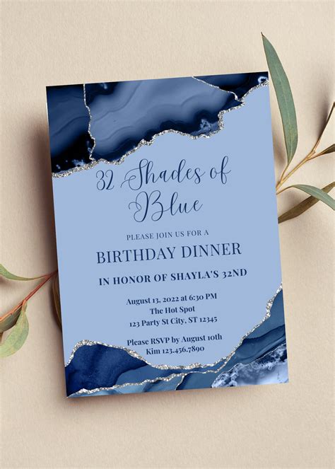 Editable Shades Of Blue Invitation Blue Birthday Dinner Etsy