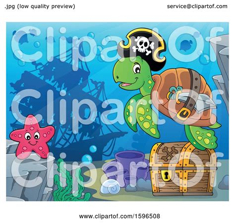 Clipart Of A Pirate Sea Turtle Over A Treasure Chest With A Sunken