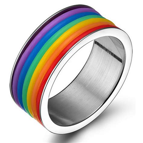 Arco Iris Jewelry Unisex Lgbt Pride Rainbow Silicone Wedding Band In Stainless Steel Gay