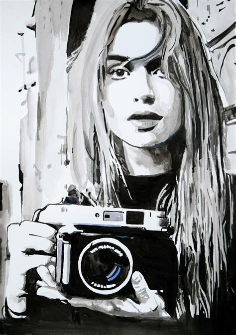 Girl With Camera 50 X 35 Cm By Alexandra Djokic 2020 Drawing