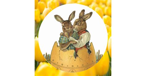 Vintage Victorian Easter Bunnies In A Gold Egg Classic Round Sticker