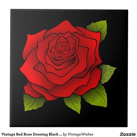 Vintage Red Rose Drawing Black Large Square Tile Zazzle Red Rose