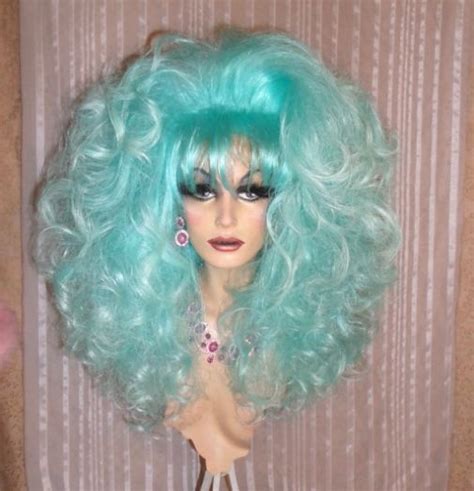 Drag Queen Wig Teased Extra Big Ice Berg Teal Blue Ltight Tips Long