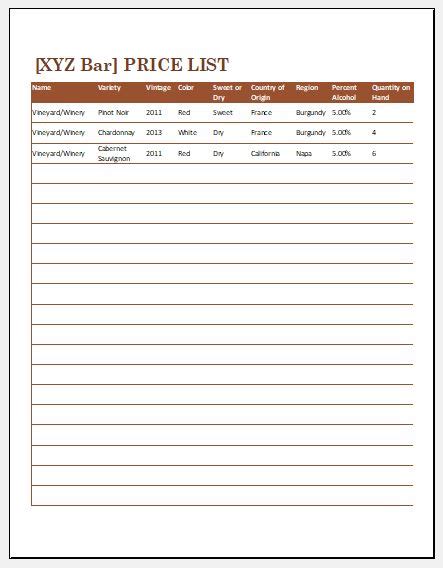 Bar Price List Template for MS Excel | Excel Templates
