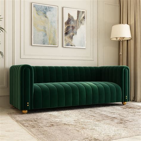 Emerald Green Velvet Couch 80 Inch Wide Mid Century Modern Sofa Velvet Tufted Upholstered