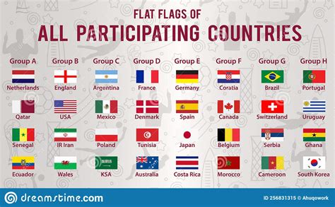 Flat Flags Of All Participating Countries Of Qatar World Cup By Groups And Baskets Stock Vector