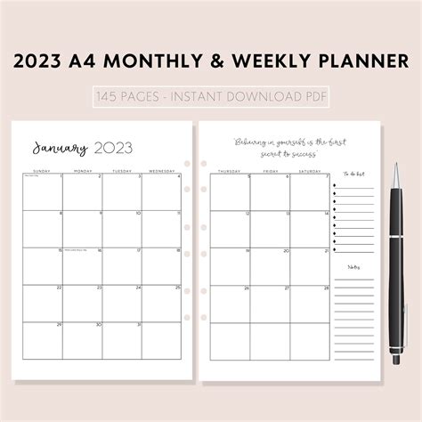 Monthly And Weekly Planner A4 2023 2023 Printable Planner 2023 Etsy
