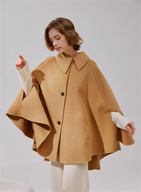 Buttoned Wool Cape Coat Women 100 Wool Coat Nap Loungewear