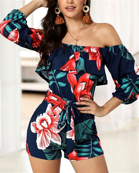 Tropical Print Belted Casual Romper Online Discover Hottest Trend